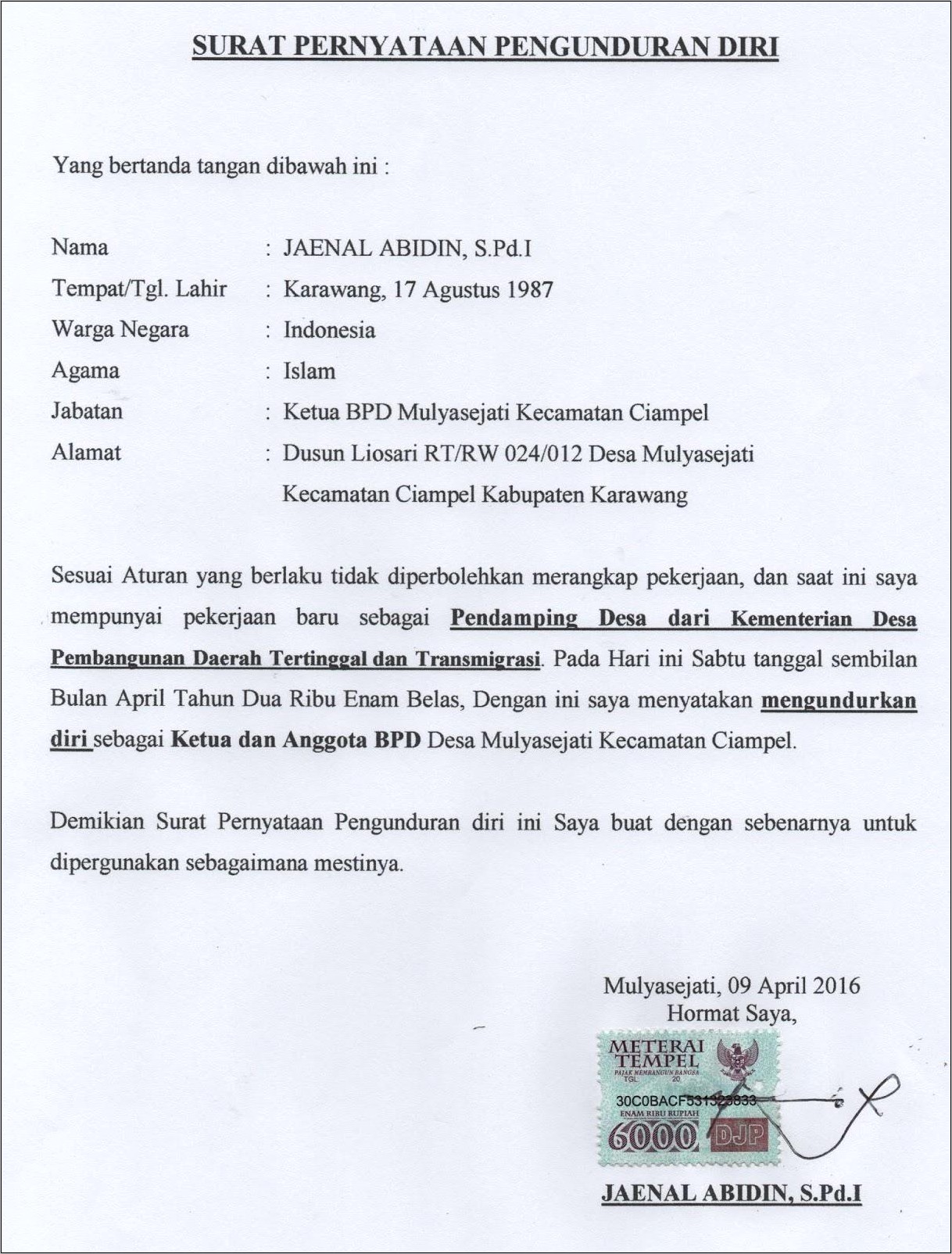 Contoh Surat Keterangan Kepala Desa Untuk Calon Bpd