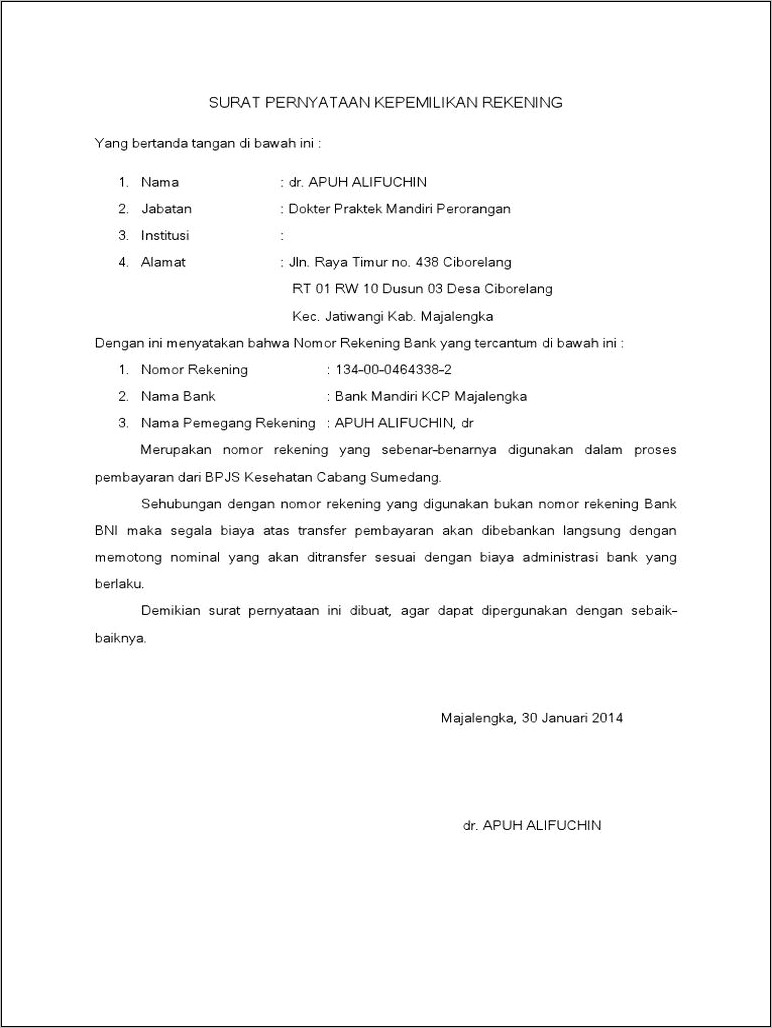 Contoh Surat Keterangan Kepemilikan Rekening Bank