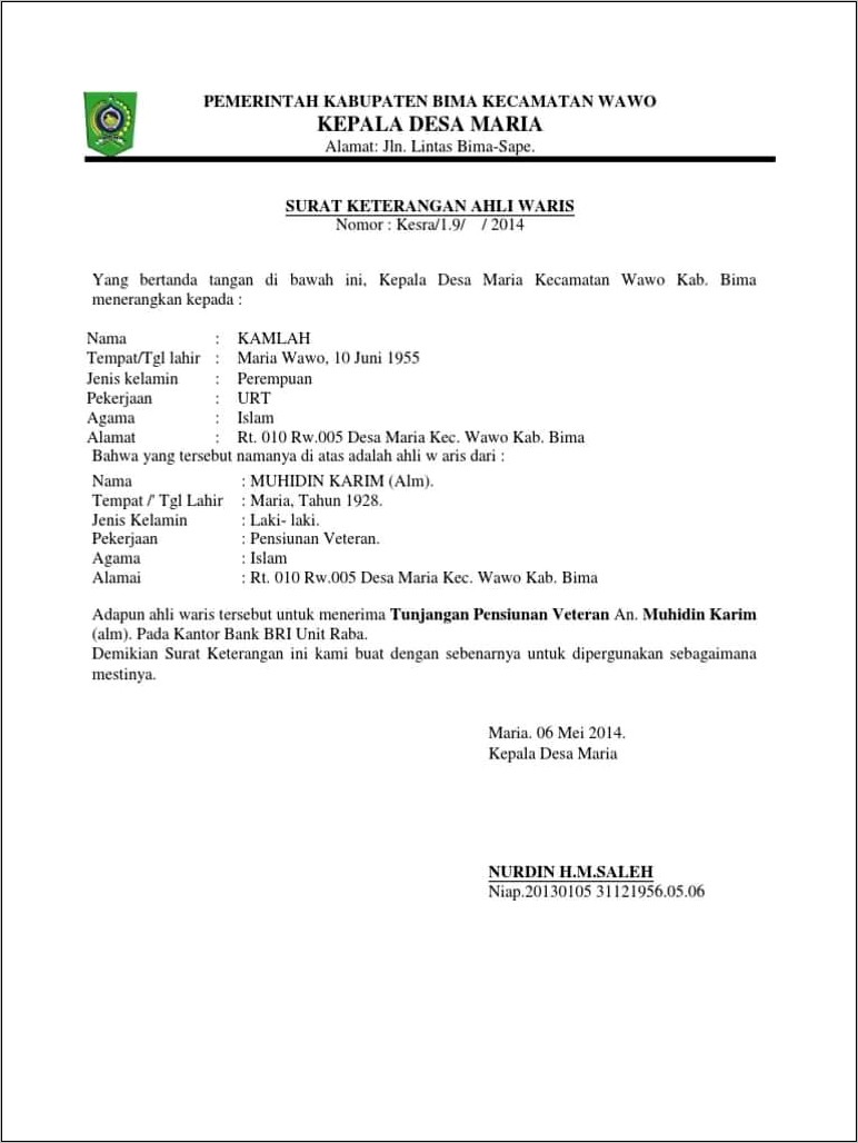 Contoh Surat Keterangan Kepemilikan Tanah Dari Kepala Desa