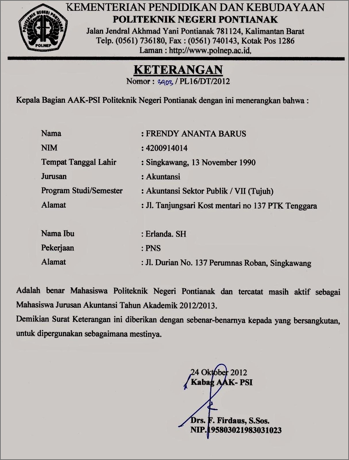 Contoh Surat Keterangan Kepemudaan Aktif