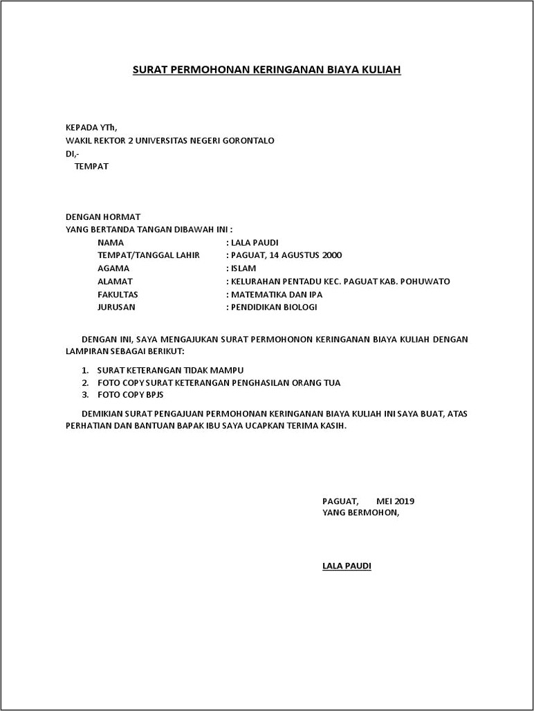 Contoh Surat Keterangan Keringanan Biaya