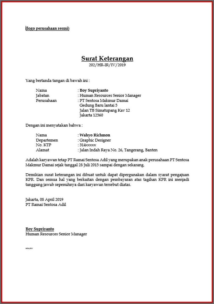 Contoh Surat Keterangan Kerja Dox