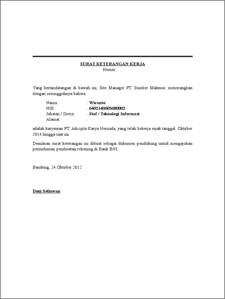 Contoh Surat Keterangan Kerja Karyawan Cv
