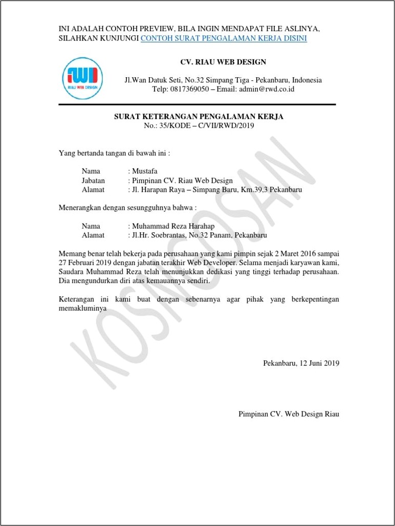 Contoh Surat Keterangan Kerja Terbaru