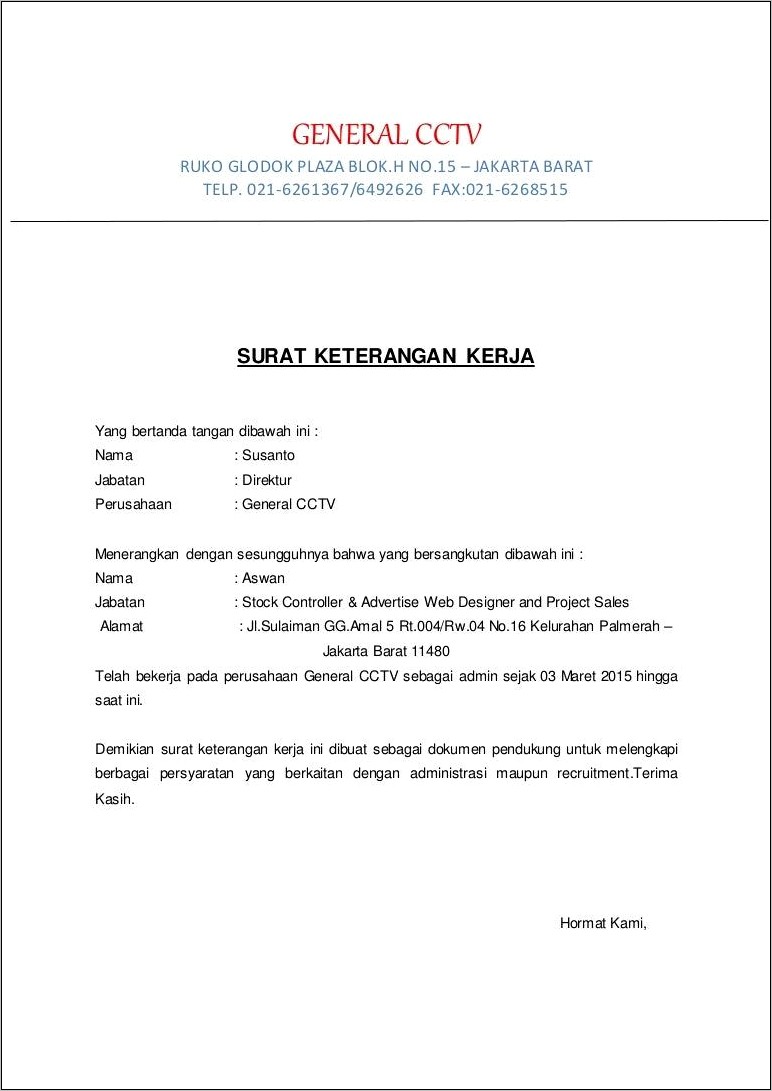 Contoh Surat Keterangan Kerja Toko