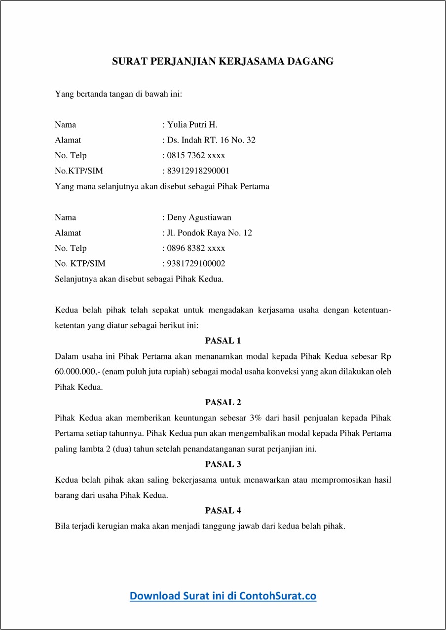 Contoh Surat Keterangan Kerjasama