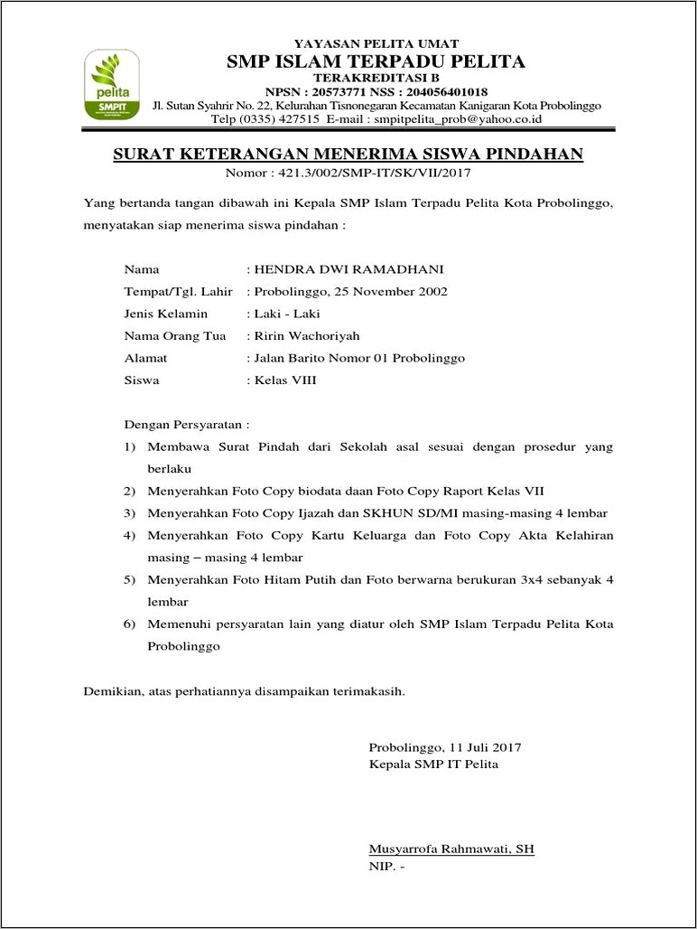 Contoh Surat Keterangan Kesediaan Menerima Siswa Pindahan