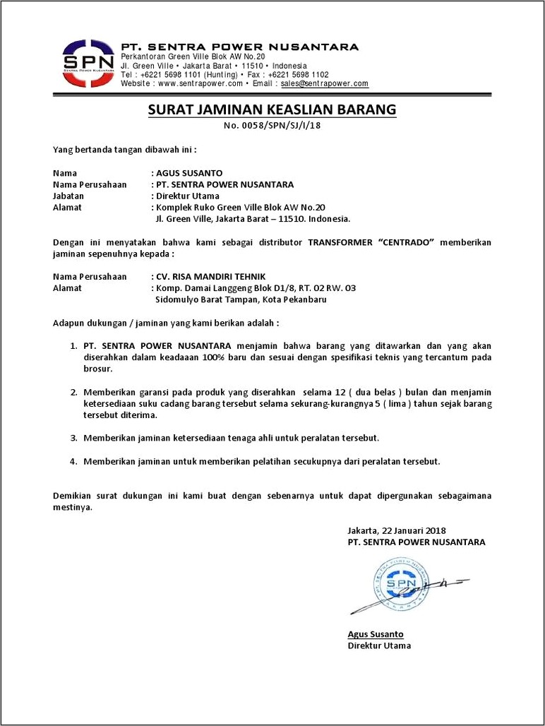 Contoh Surat Keterangan Ketersediaan Barang