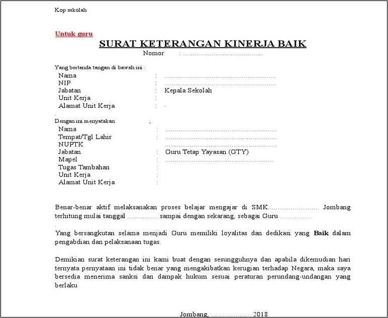 Contoh Surat Keterangan Kinerja Baik Dari Kepala Sekolah