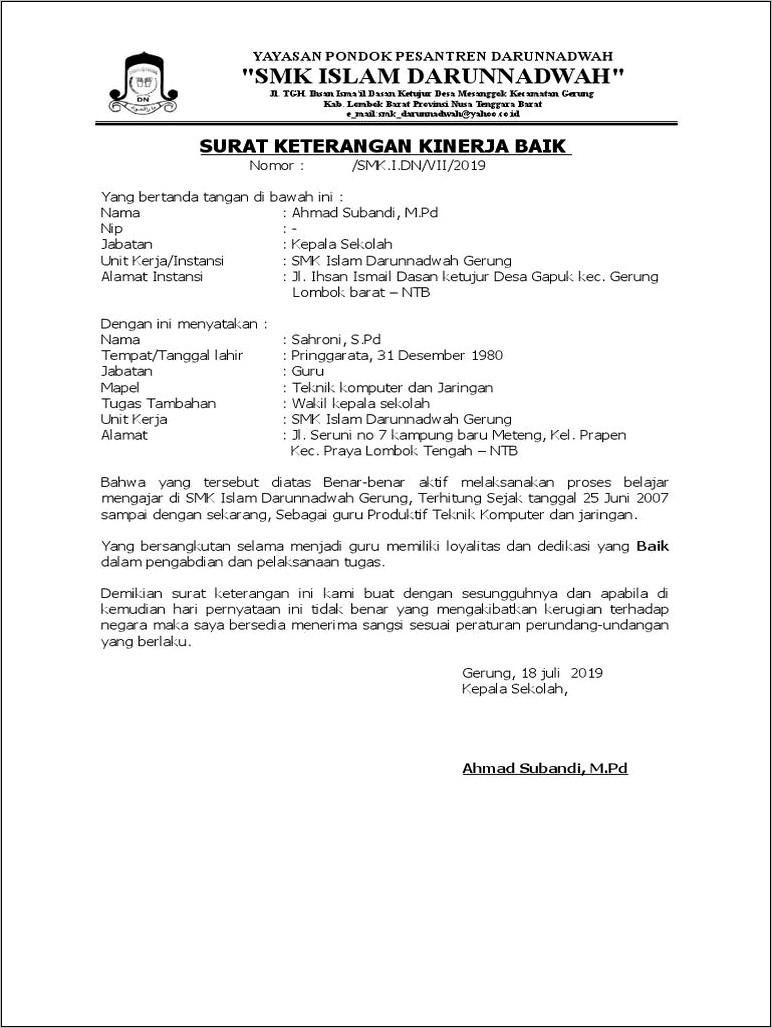 Contoh Surat Keterangan Kinerja Baik Guru Dari Kepala Sekolah