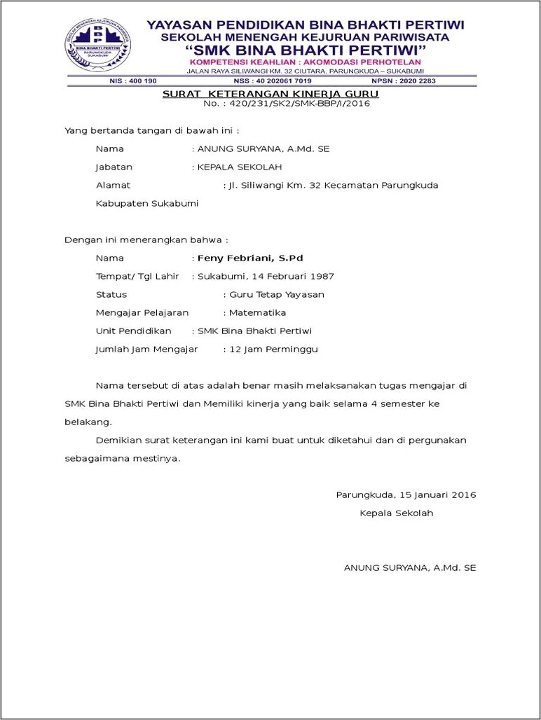 Contoh Surat Keterangan Kinerja Guru Dari Kepala Sekolah.doc