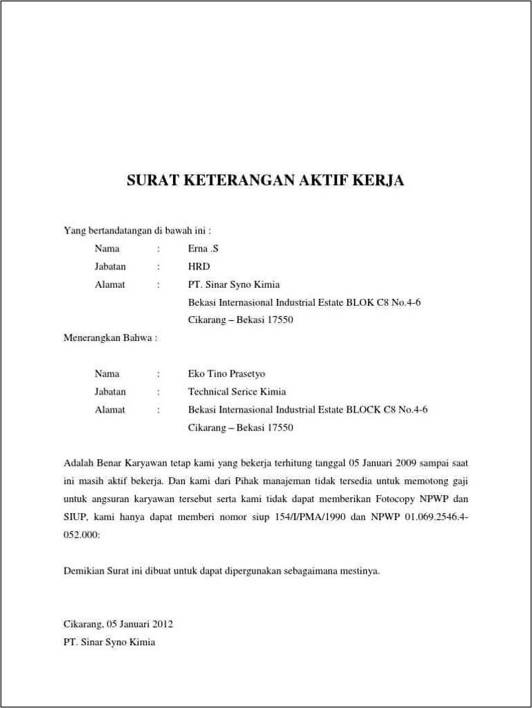 Contoh Surat Keterangan Kontrak Pegawai