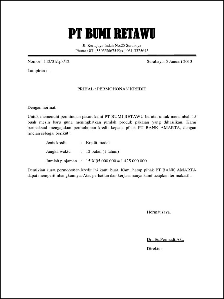 Contoh Surat Keterangan Kredit Bank