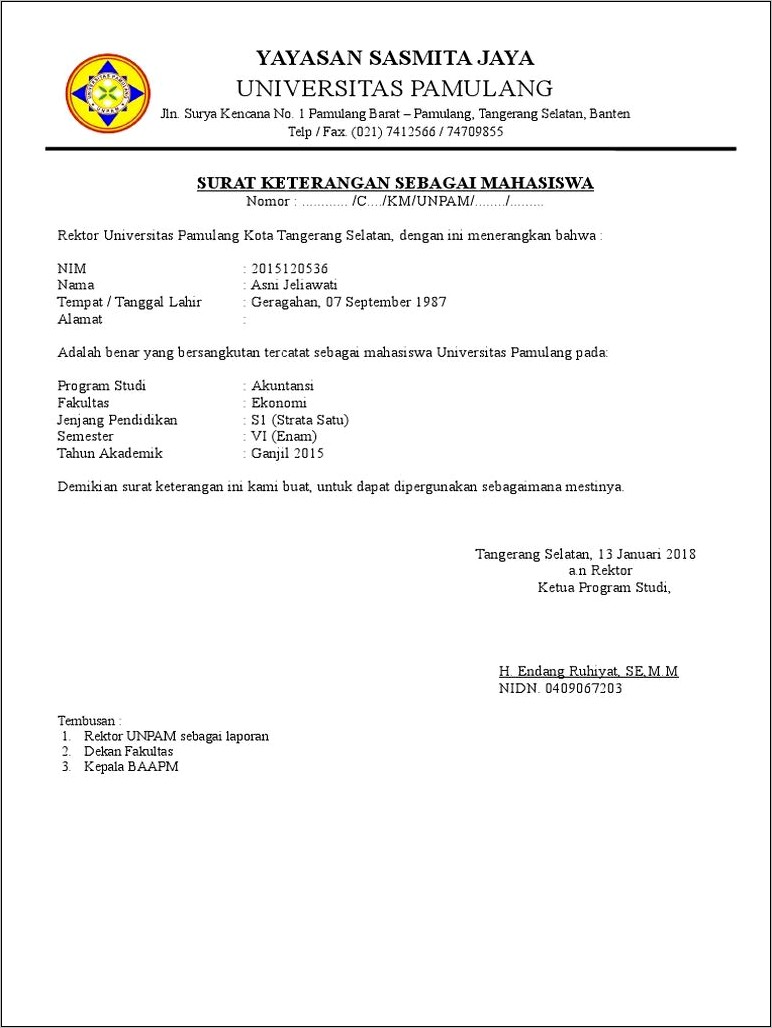 Contoh Surat Keterangan Kuliah Unpas