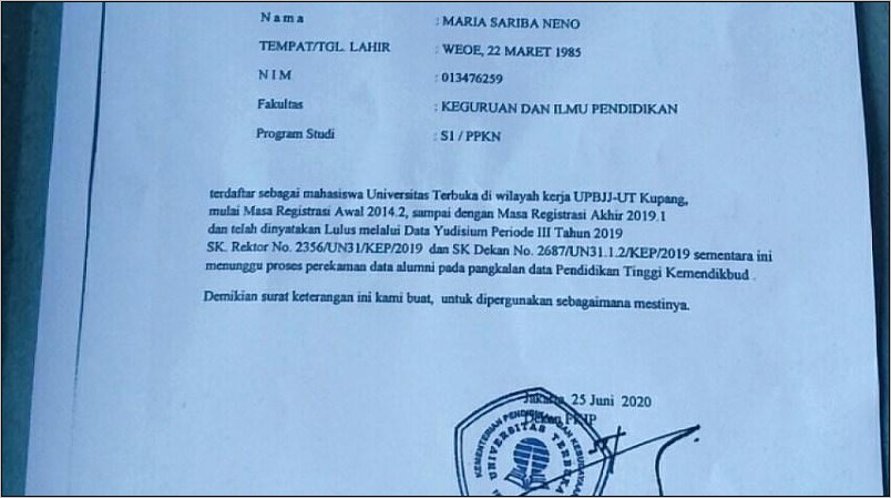 Contoh Surat Keterangan Lulus Kuah Iluniversitas Terbuka