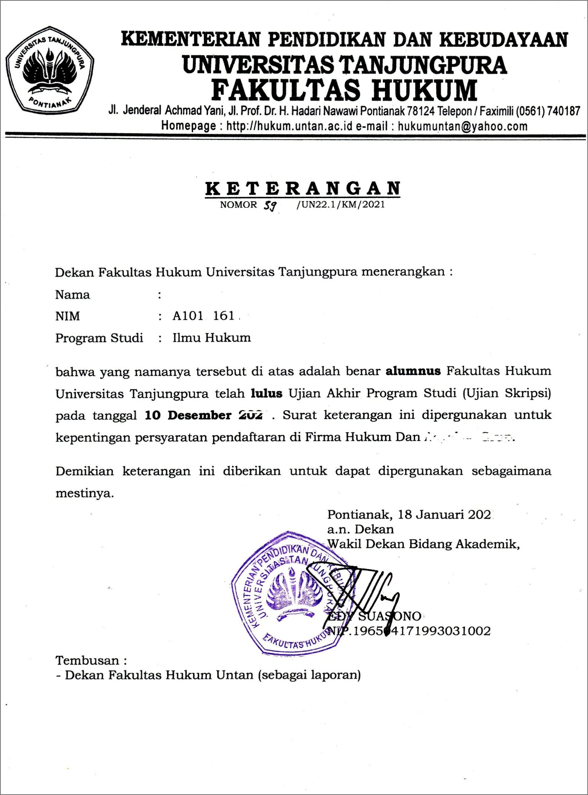 Contoh Surat Keterangan Lulus Perguruan Tinggi