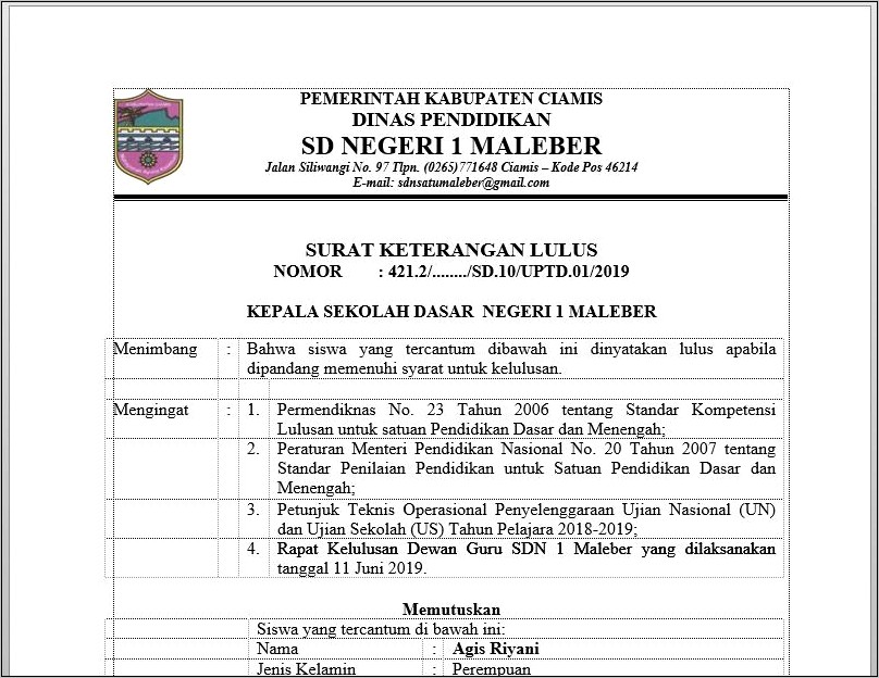 Contoh Surat Keterangan Lulus Sd Dki Jakarta