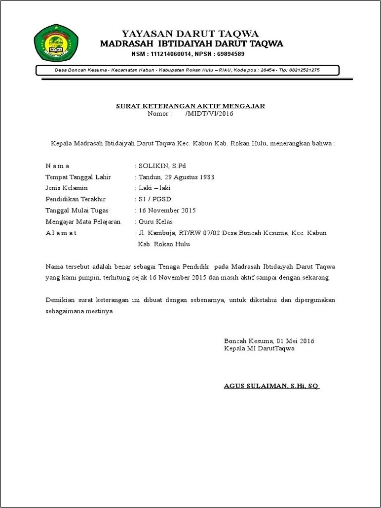 Contoh Surat Keterangan Lulus Sementara Sd