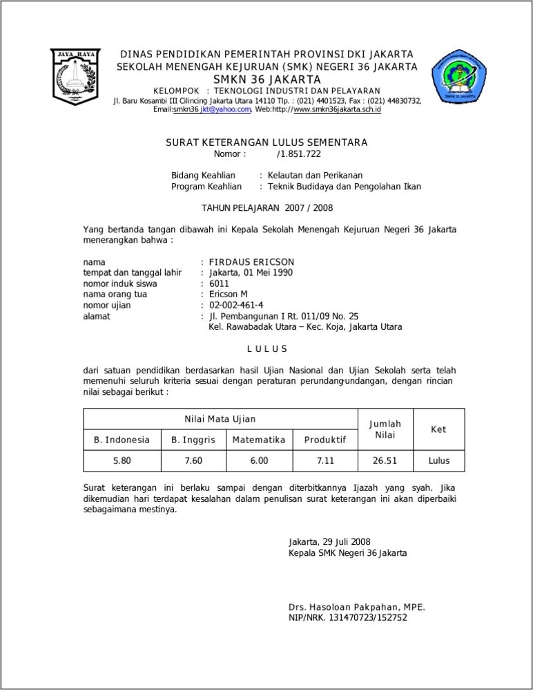 Contoh Surat Keterangan Lulus Ujian Nasional Sd