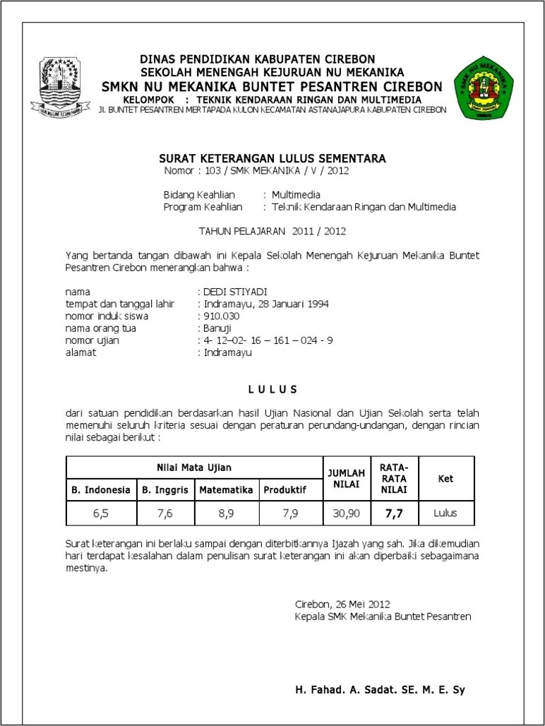 Contoh Surat Keterangan Lulus Ujian Nasional