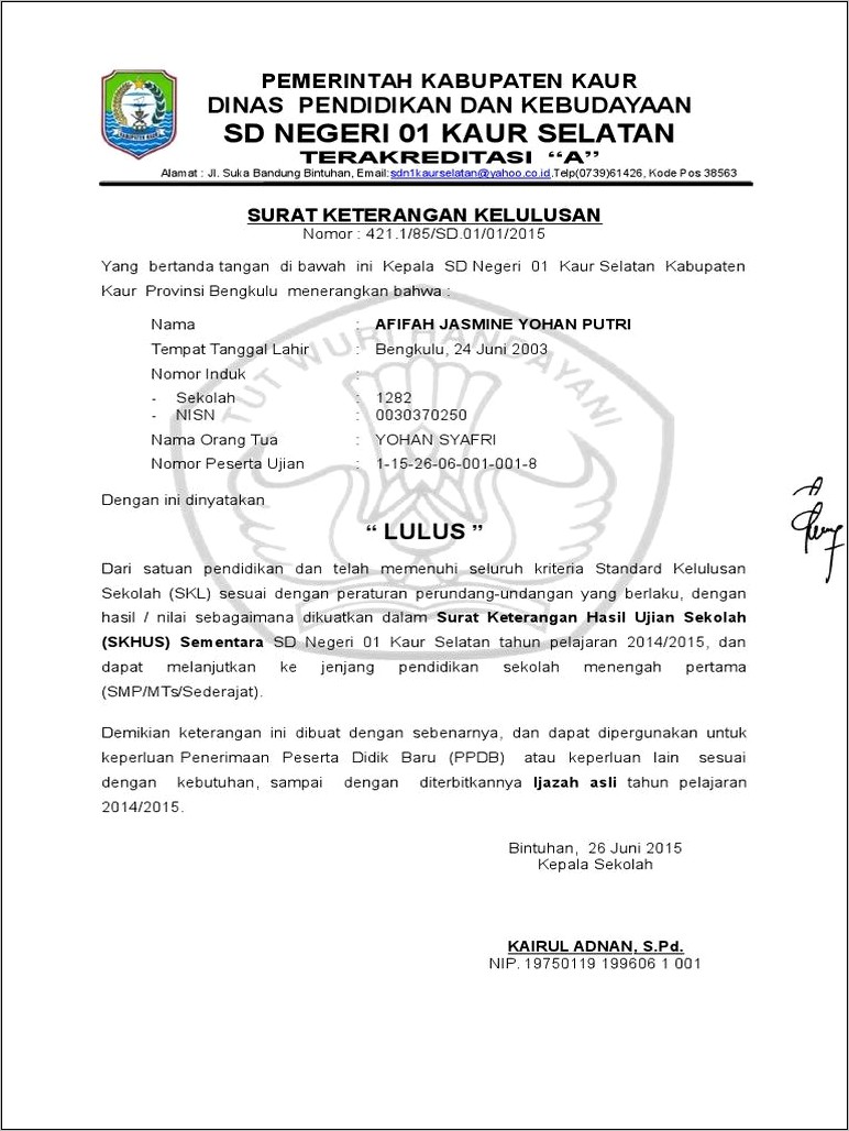 Contoh Surat Keterangan Lulus Ujian Sd