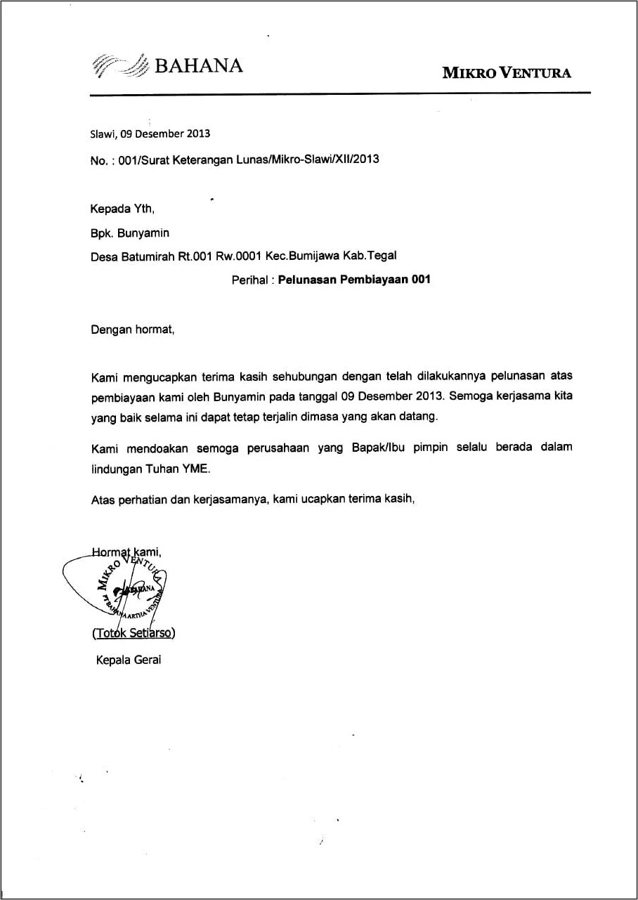 Contoh Surat Keterangan Lunas Pembayaran