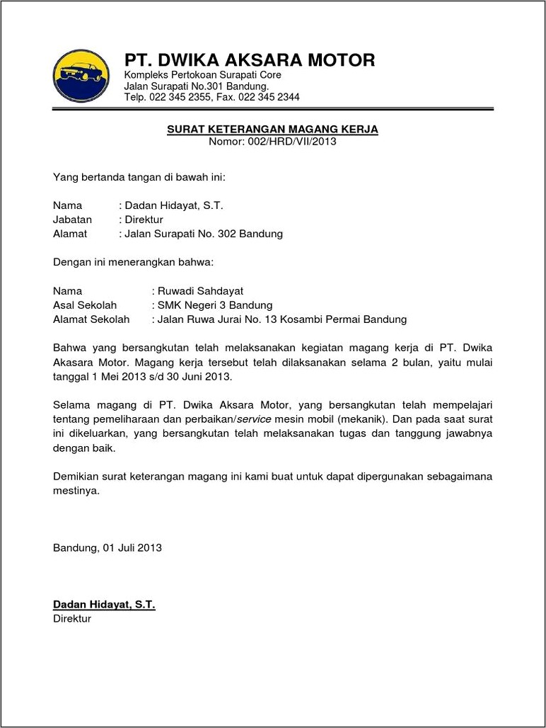 Contoh Surat Keterangan Magang Dari Perusahaan