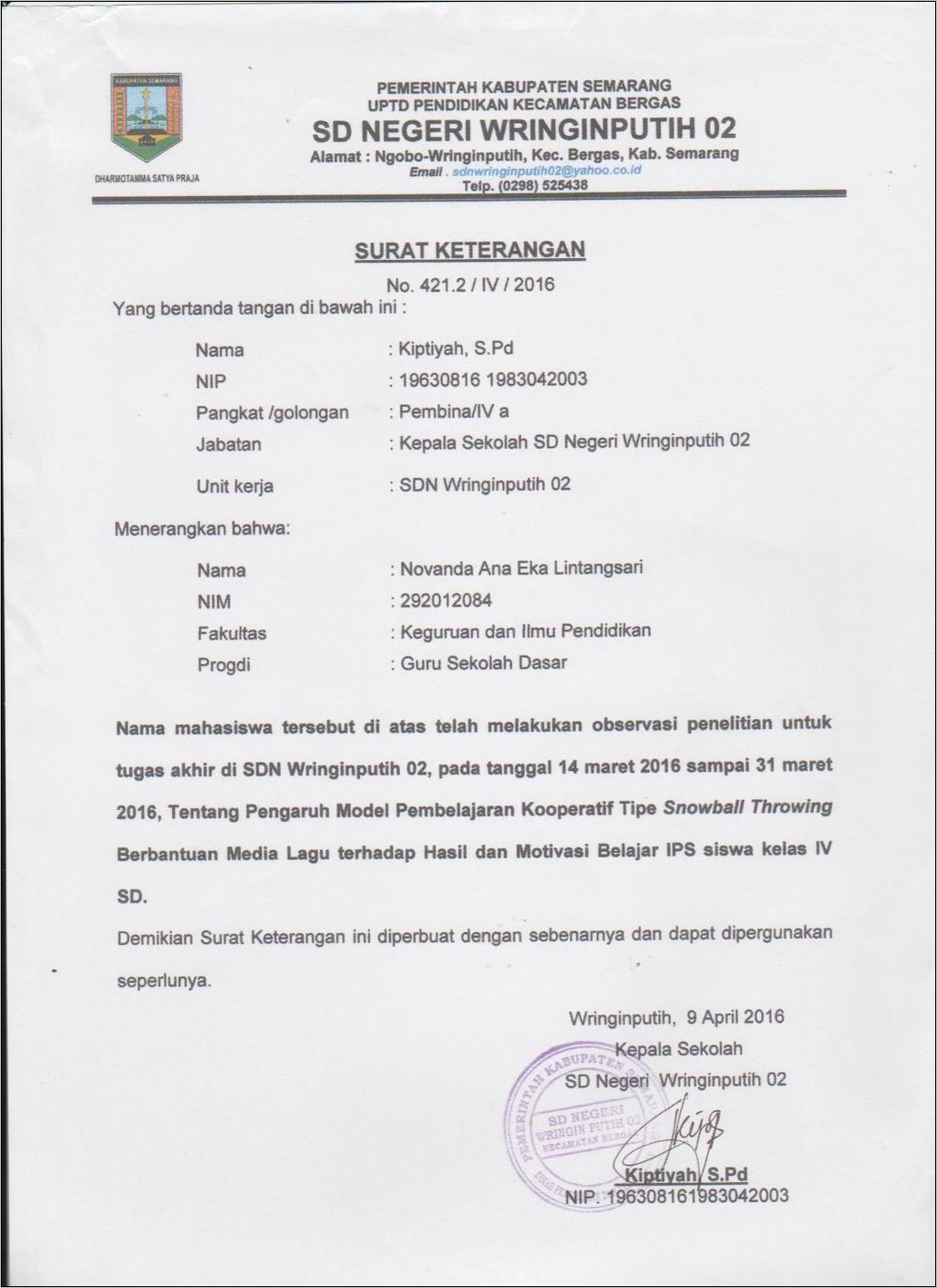 Contoh Surat Keterangan Melakukan Penelitian Skripsi