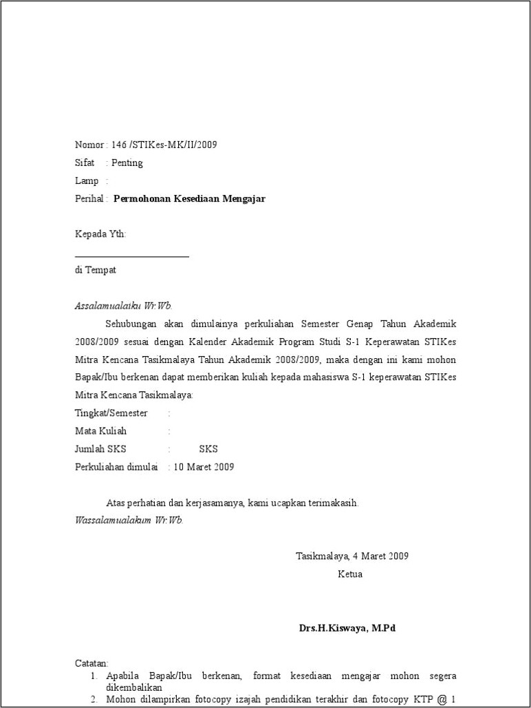 Contoh Surat Keterangan Mengajar Dosen