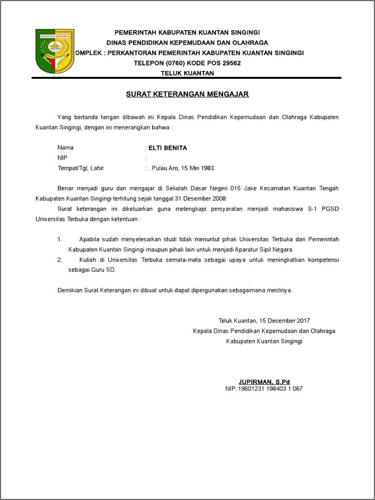 Contoh Surat Keterangan Mengajar Guru Sd