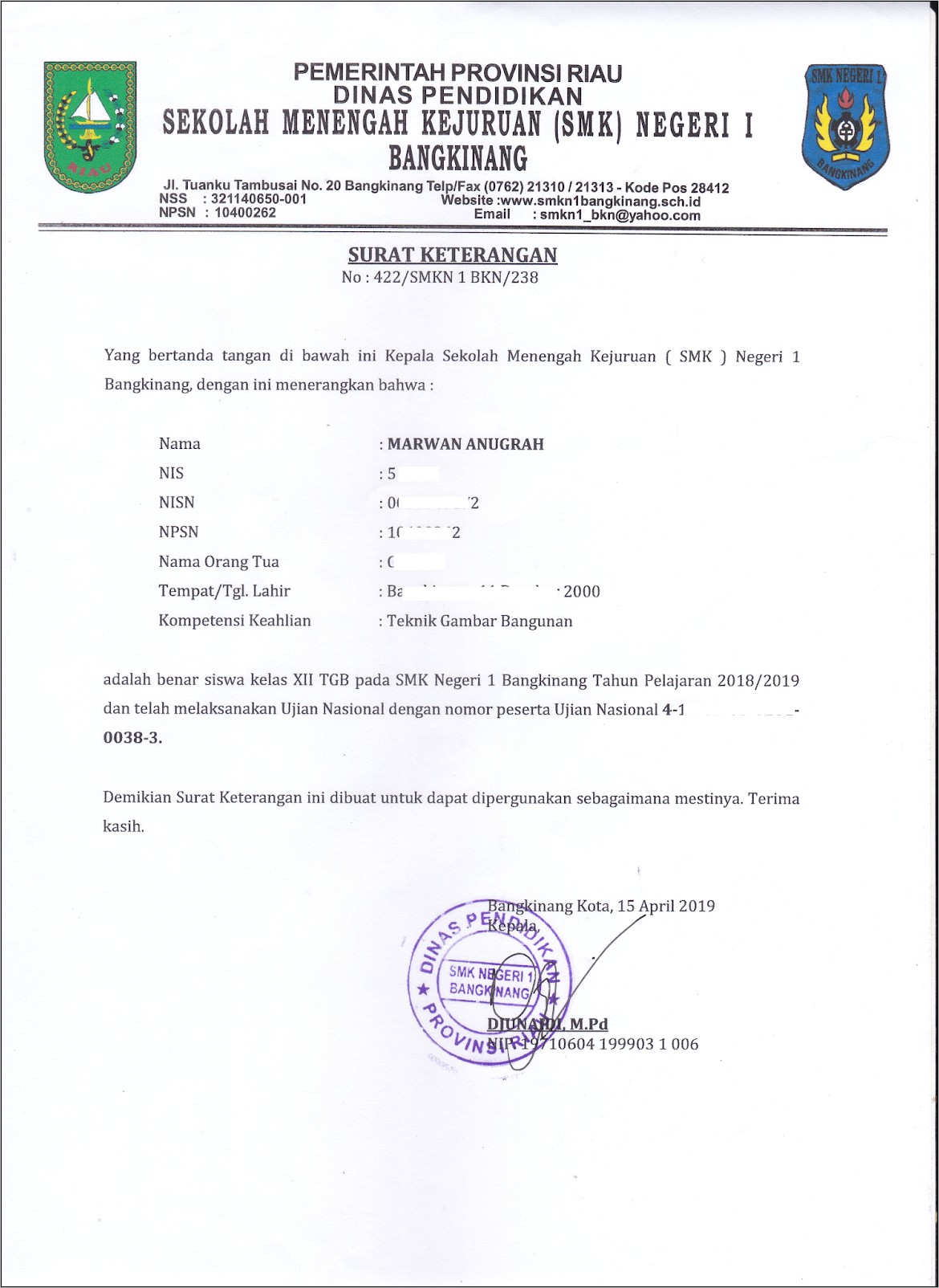 Contoh Surat Keterangan Mengikuti Ujian Nasional