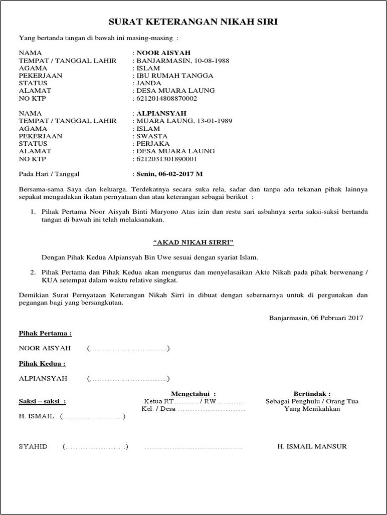Contoh Surat Keterangan Menikah Siri