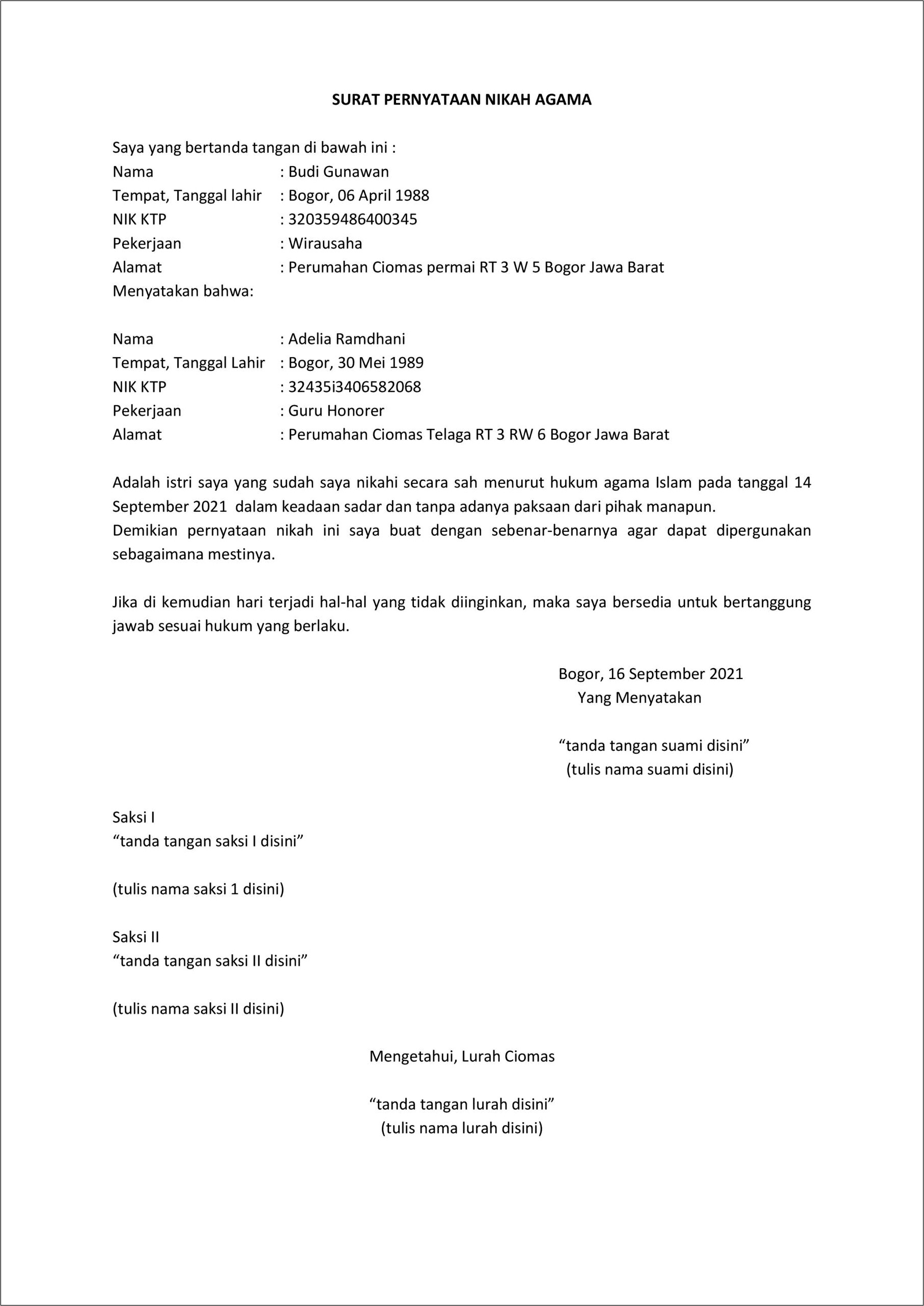 Contoh Surat Keterangan Menikah