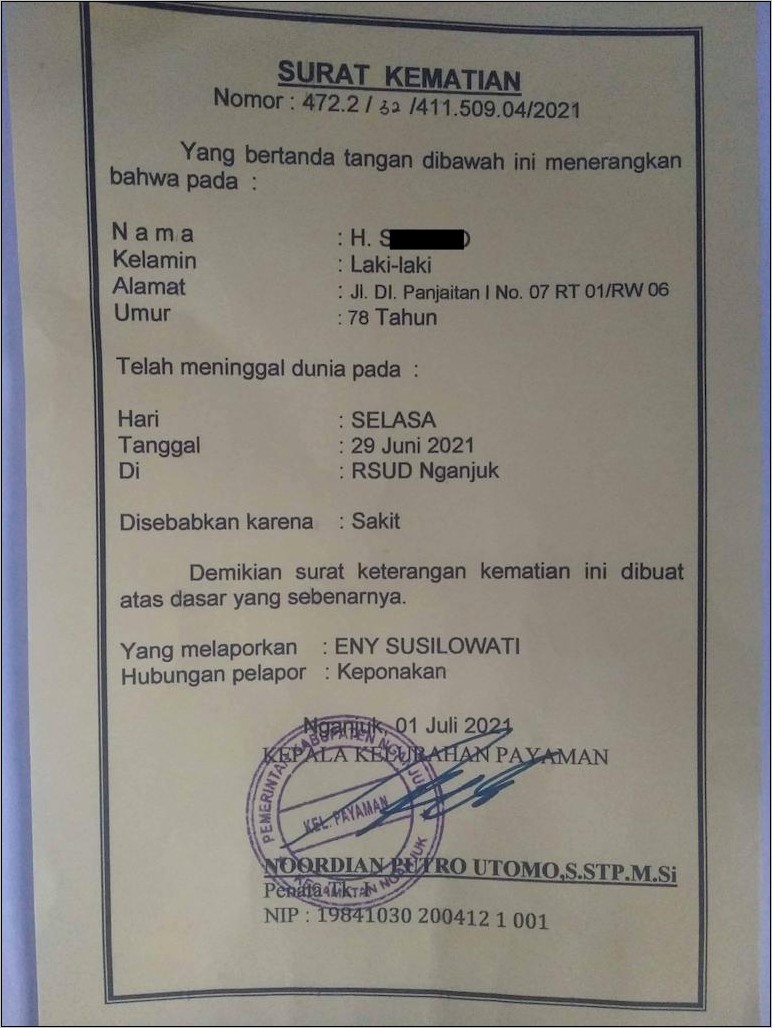 Contoh Surat Keterangan Meninggal Dunia