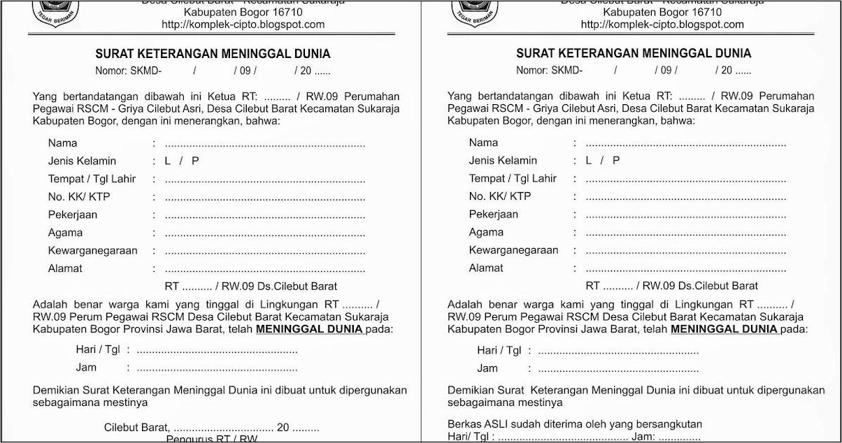 Contoh Surat Keterangan Meninggal