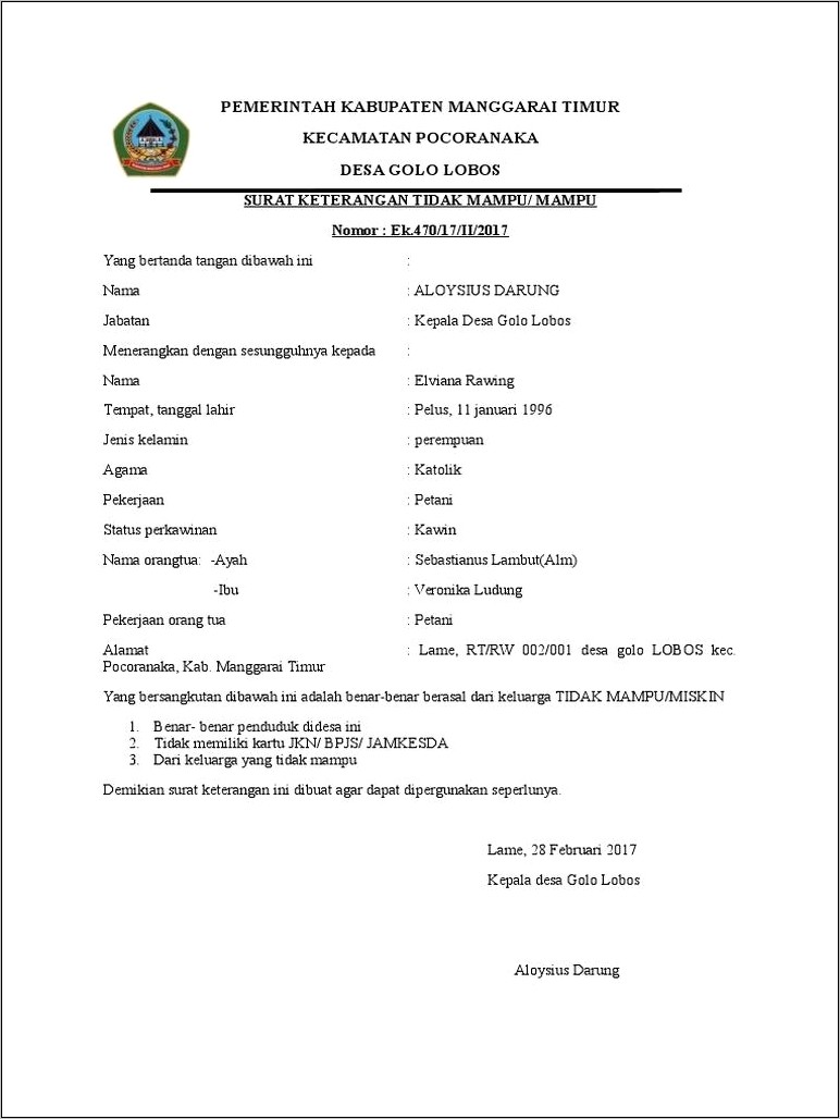 Contoh Surat Keterangan Miskin Dari Rt Untuk Mengurus Bpjs