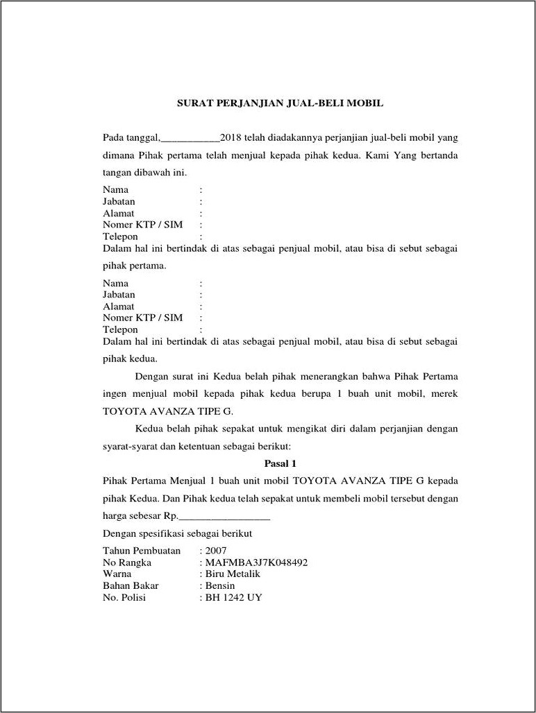 Contoh Surat Keterangan Mobil Kredit