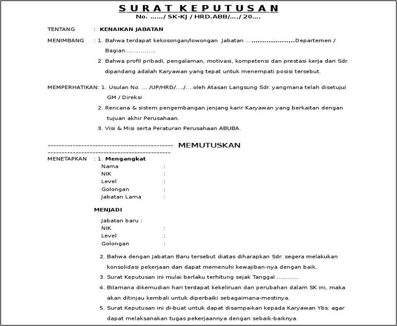 Contoh Surat Keterangan Naik Jabatan