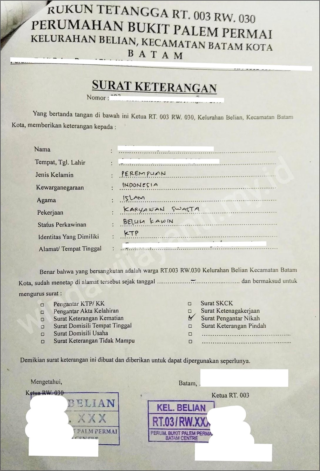 Contoh Surat Keterangan Numpang Nikah Dari Desa