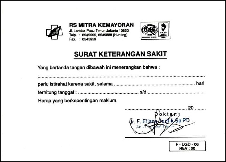 Contoh Surat Keterangan Opname Rumah Sakit