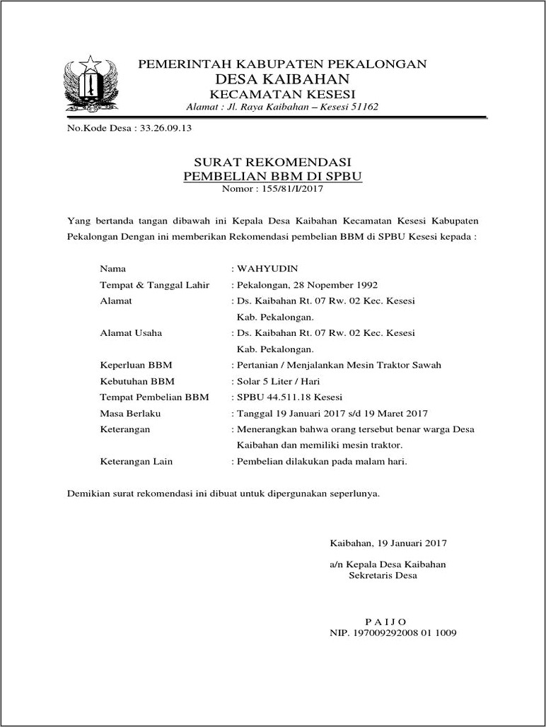 Contoh Surat Keterangan Pembelian Bbm