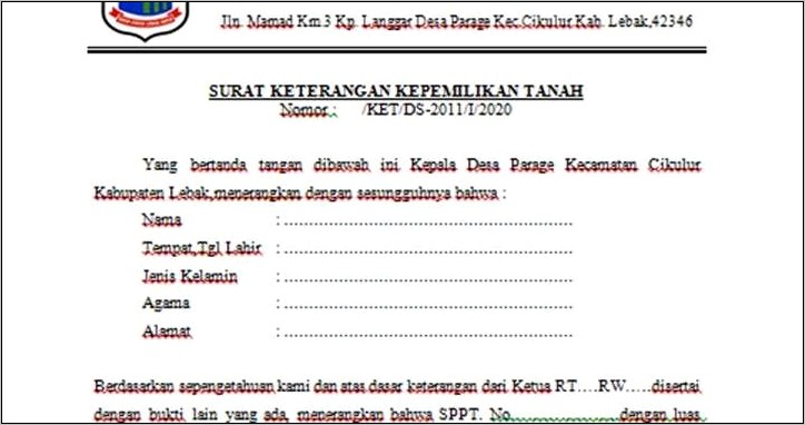 Contoh Surat Keterangan Pemberian Tanah Dari Orang Tua