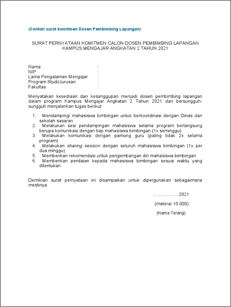 Contoh Surat Keterangan Pembimbing Lapangan
