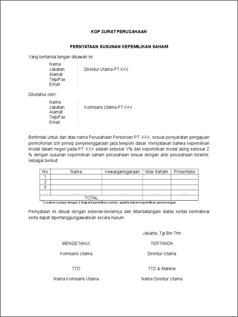 Contoh Surat Keterangan Pemegang Saham