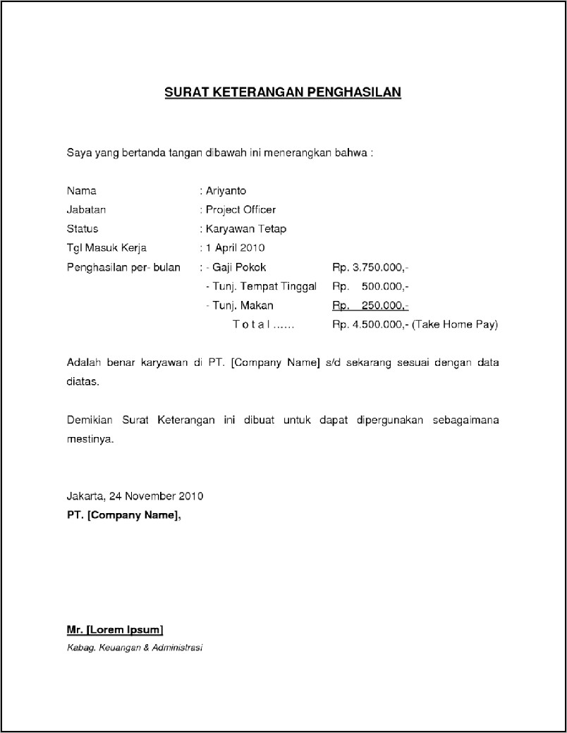 Contoh Surat Keterangan Pendapatan Orang Tua