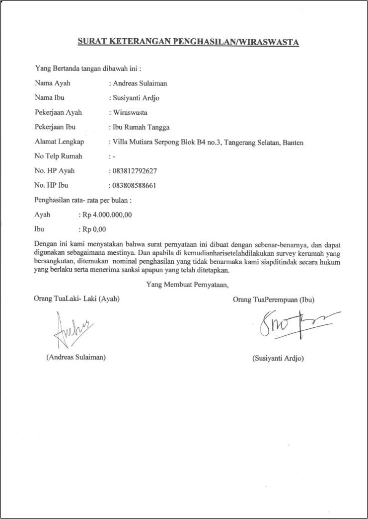 Contoh Surat Keterangan Pendapatan