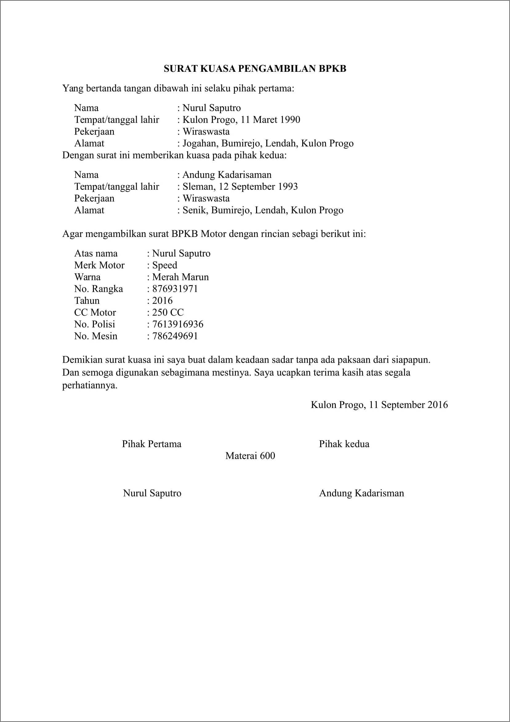 Contoh Surat Keterangan Penebusan Bpkb