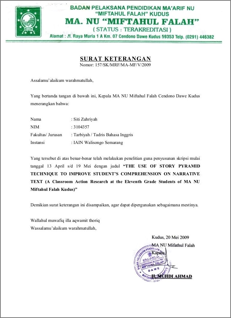 Contoh Surat Keterangan Penelitian Di Sekolah