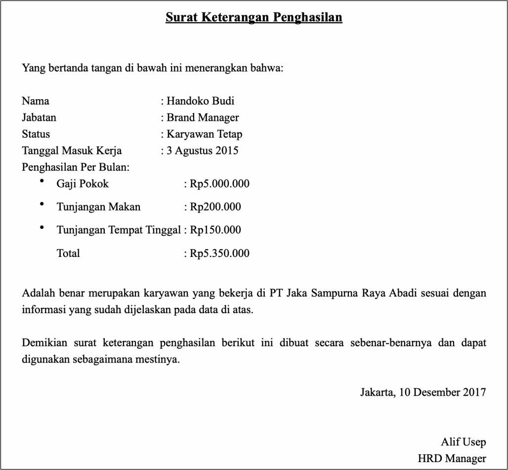Contoh Surat Keterangan Pengahasilan