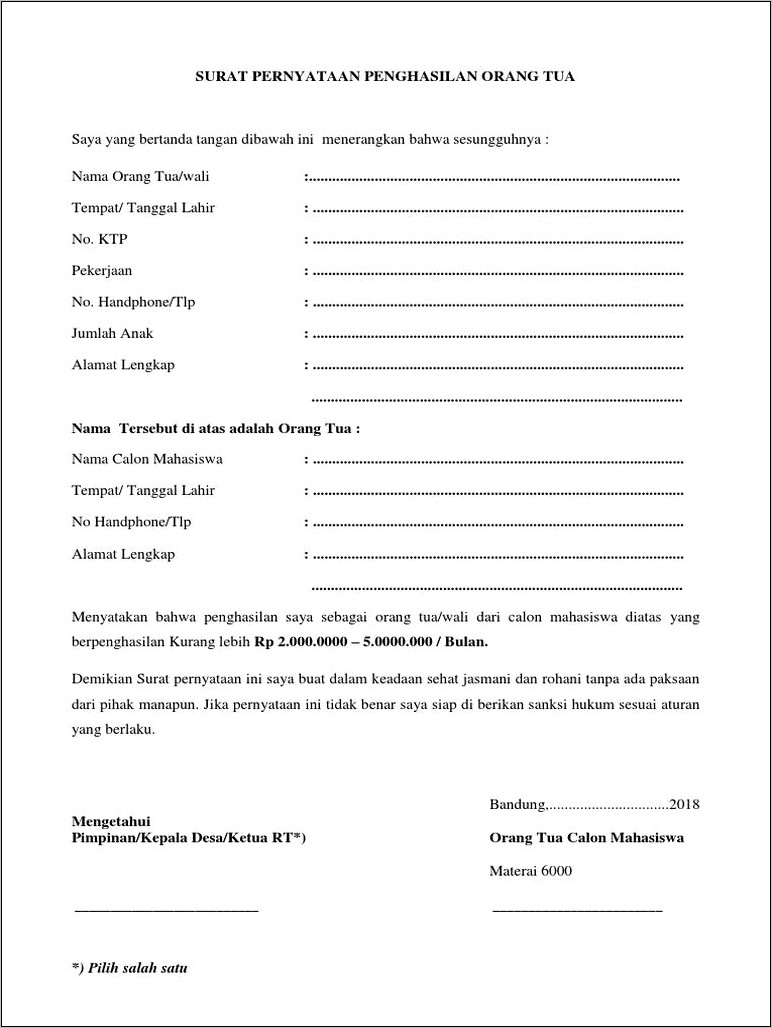 Contoh Surat Keterangan Penghasilan Bulan 2019